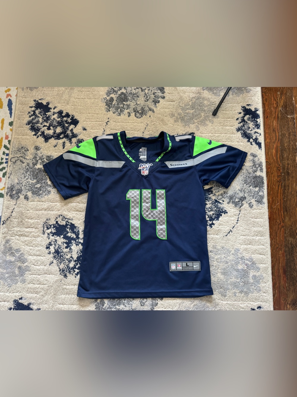 Nike Kids Seattle Seahawks Navy and Neon Green #14 Jersey